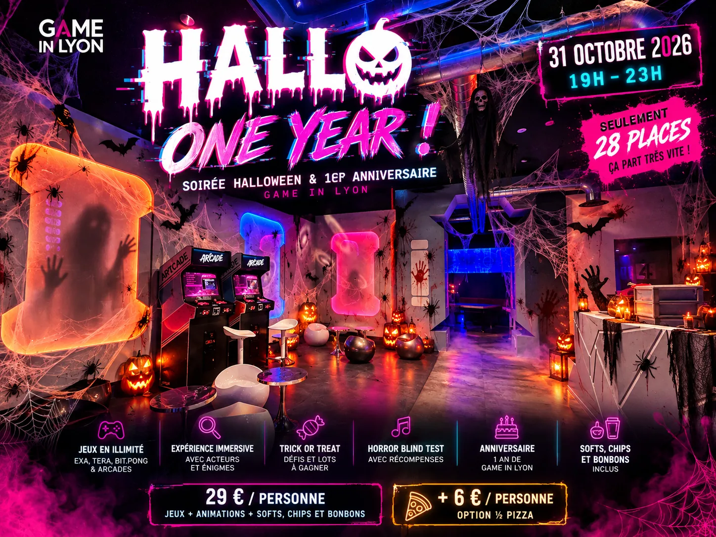 Visuel de la soirée HALLO ONE YEAR dans une ambiance arcade Halloween